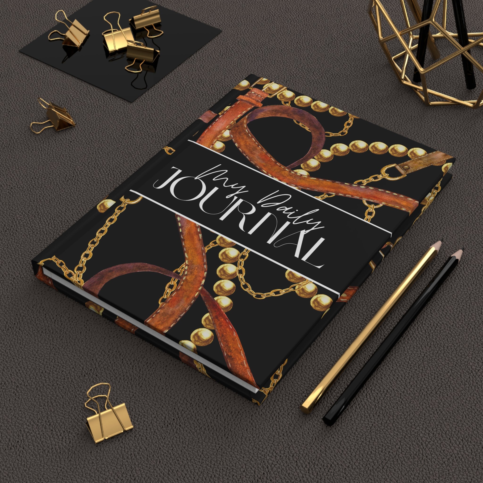 Hardcover Journal — "My Daily Journal" Black & Gold Chain Design (Lined)