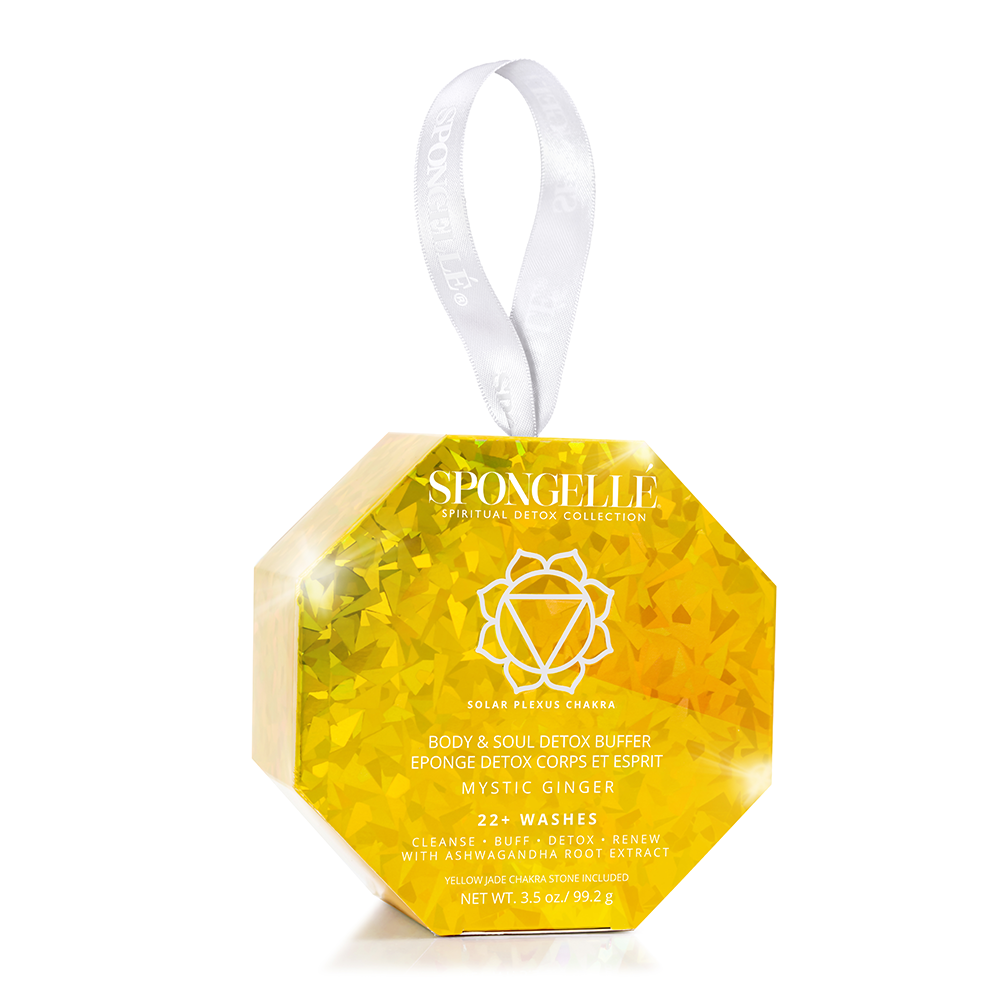 Hexagonal yellow soap with white strap on a white background