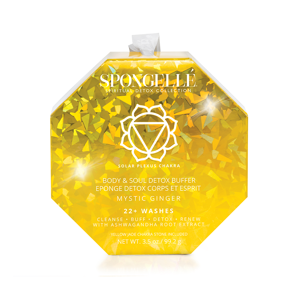 Spongelle detox buffer packaging with yellow design and brand name on a white background