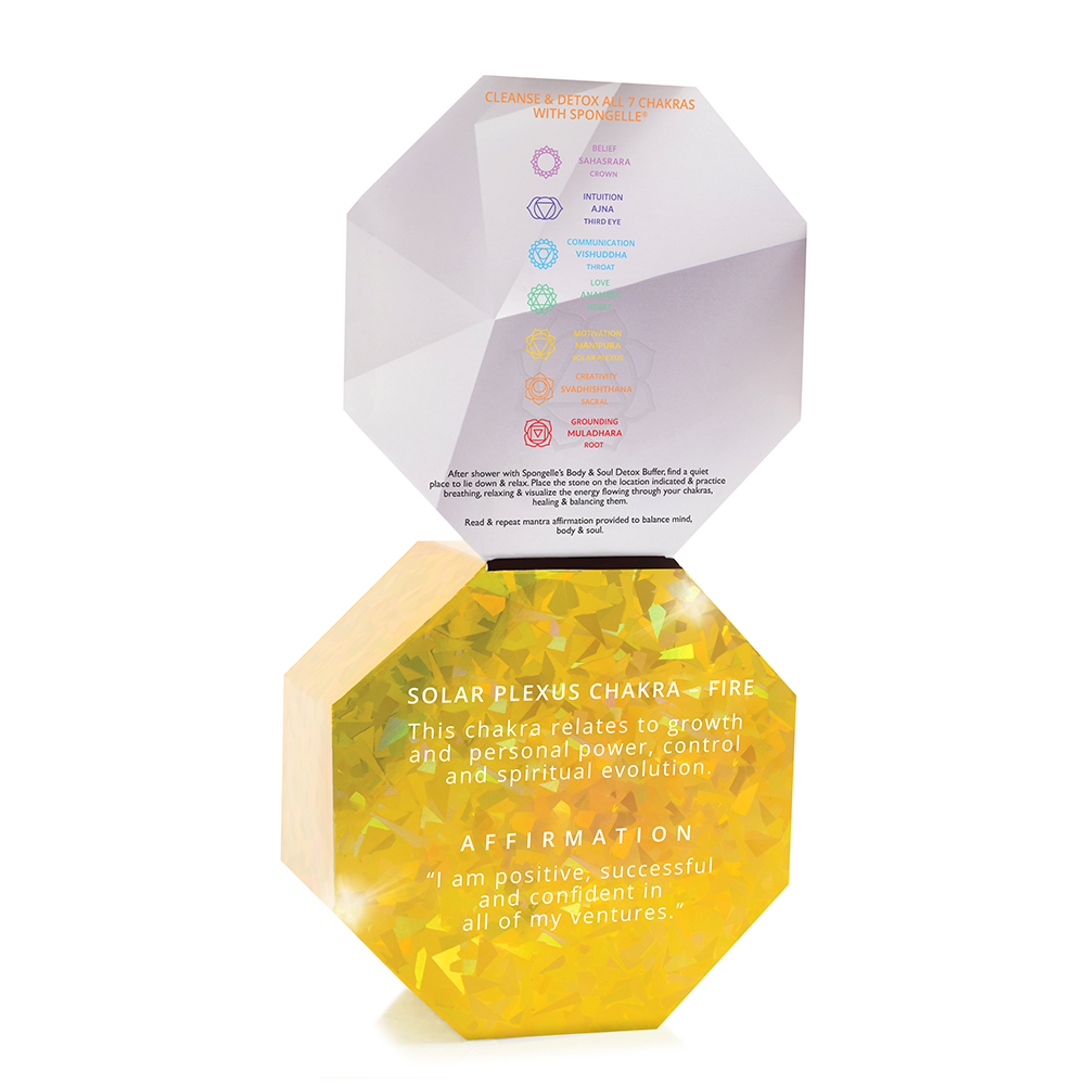 Hexagonal stone with chakra information on a white background