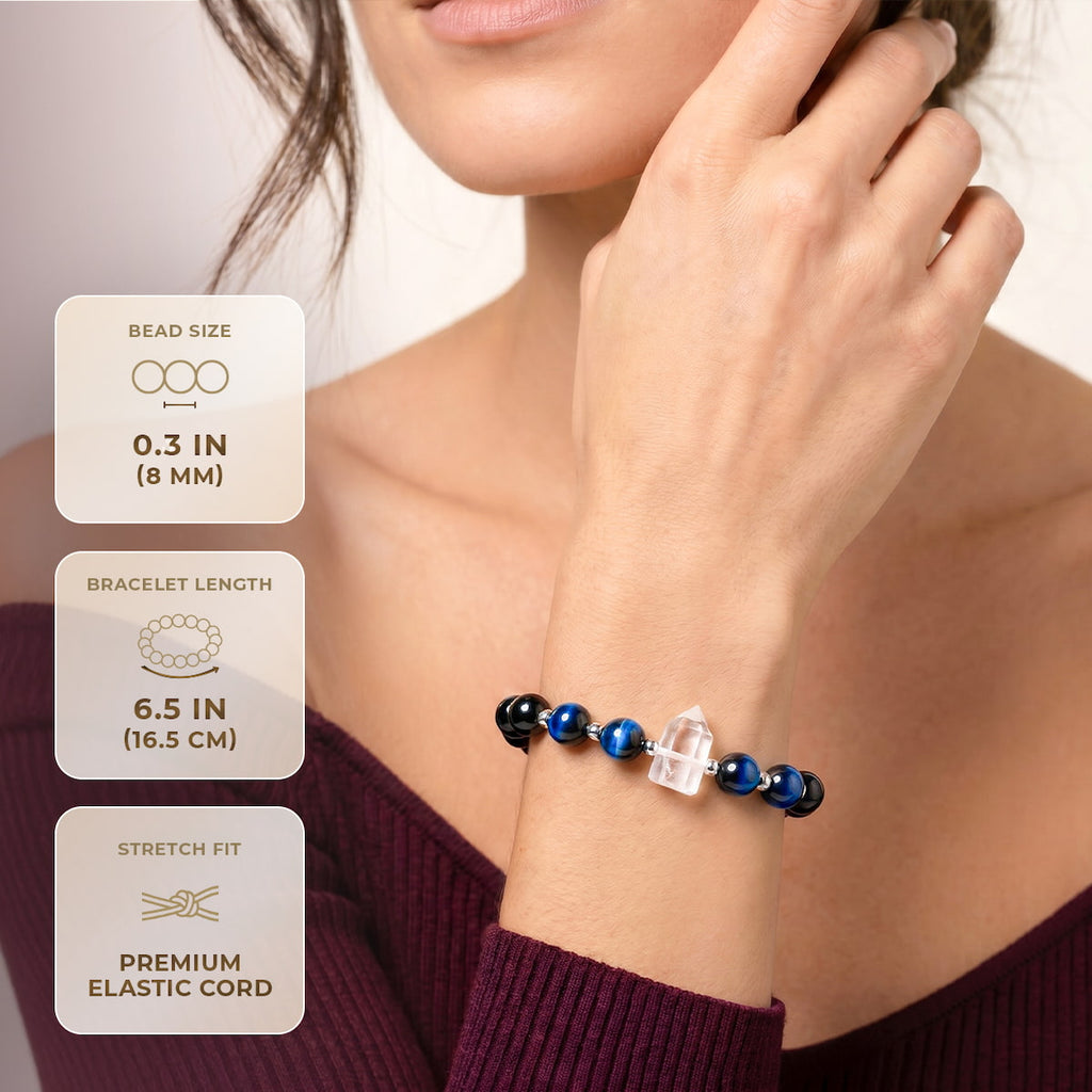 A woman wearing a beaded bracelet with dark blue, black, and clear beads, shown alongside informational text boxes detailing the bracelet's size, length, and stretch fit.