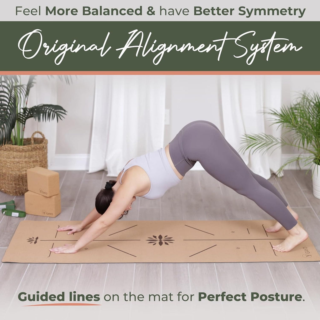 Person practicing yoga on a mat with alignment lines in a home setting