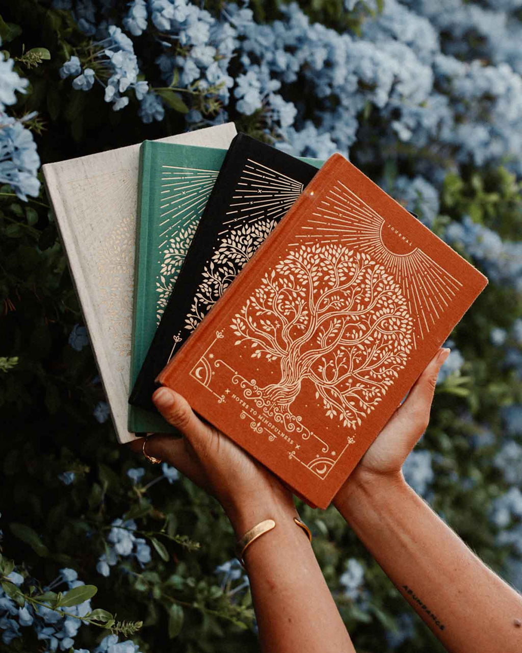 Hand holding four books with decorative covers against a natural background