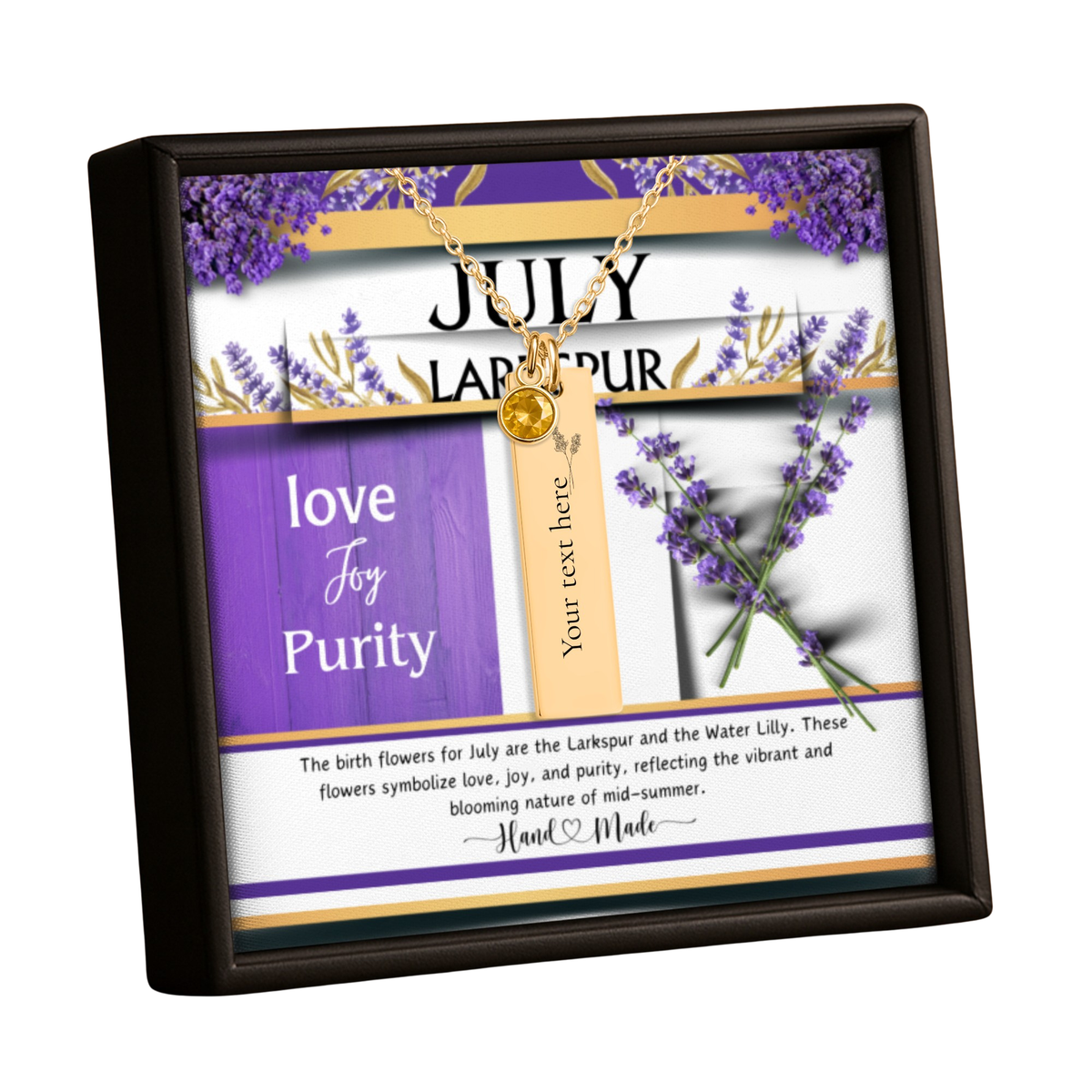 A square framed July Lavender-themed keepsake box or plaque with a gold necklace and charm displayed inside. The front insert features purple lavender illustrations, the words 'love Joy Purity,' 'JULY LAVENDER,' and a customizable text area, with 'Heart Made' branding at the bottom.