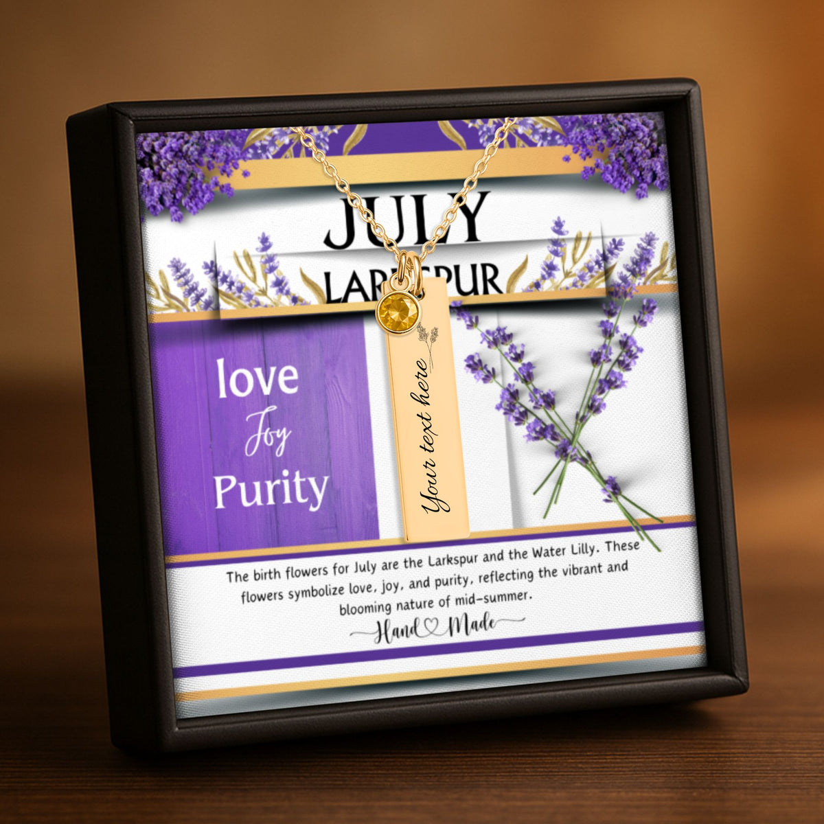 July Larkspur Birth Flower Birthstone Vertical Bar Necklace by OwnPrint