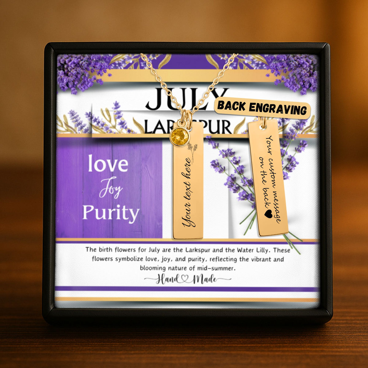 July Larkspur Birth Flower Birthstone Vertical Bar Necklace by OwnPrint