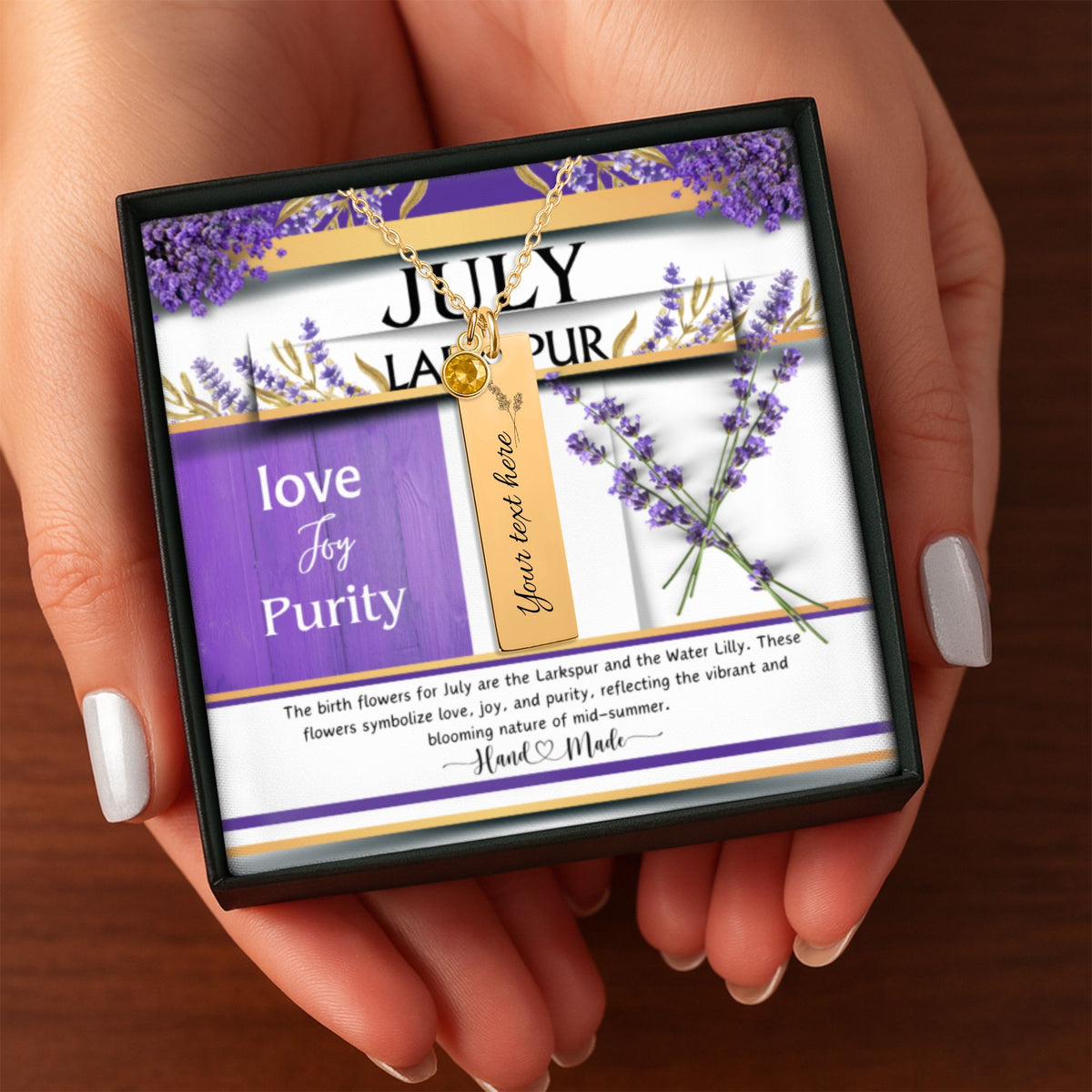 July Larkspur Birth Flower Birthstone Vertical Bar Necklace by OwnPrint