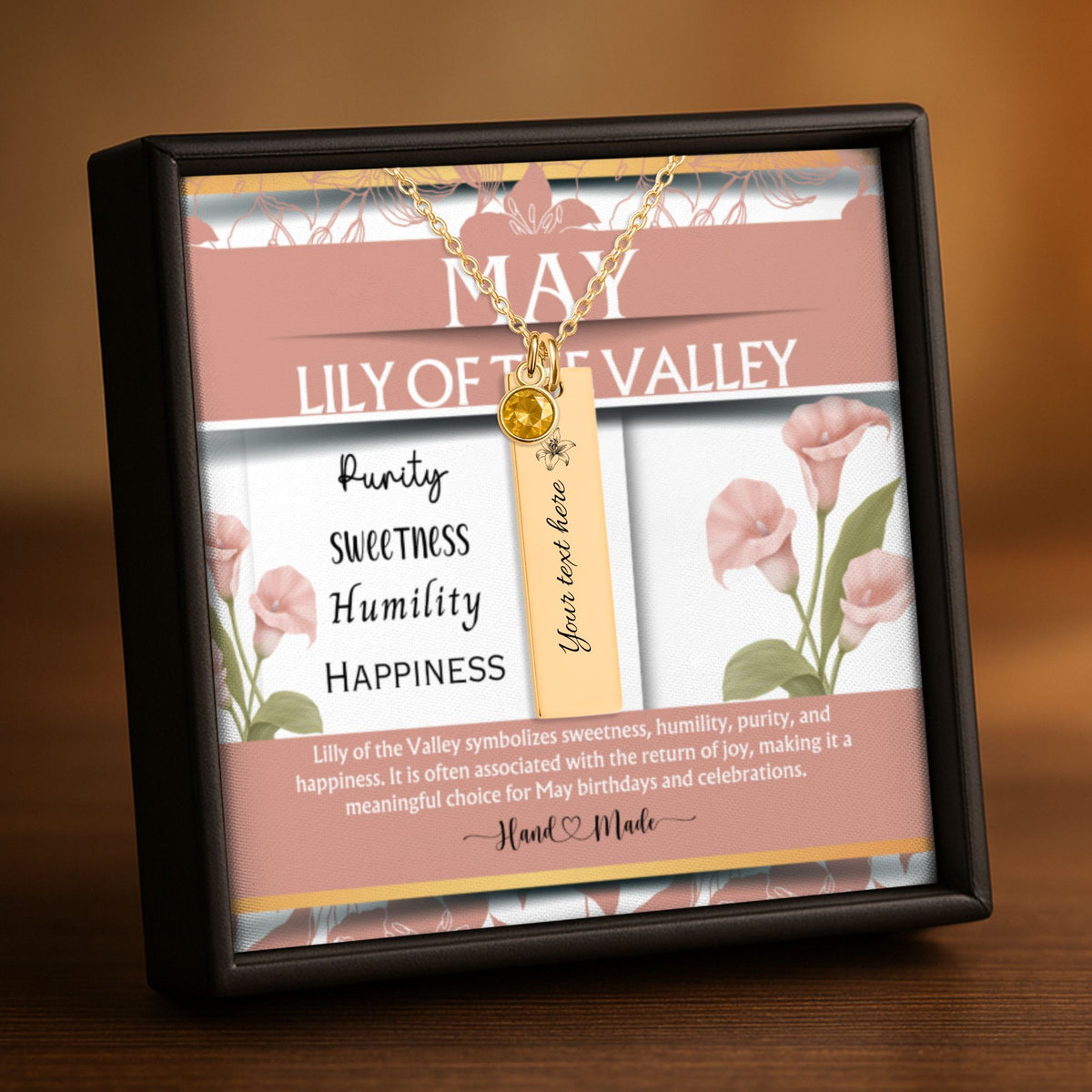 May Lily of the Valley Birth Flower Vertical Bar Necklace with Emerald Birthstone by OwnPrint