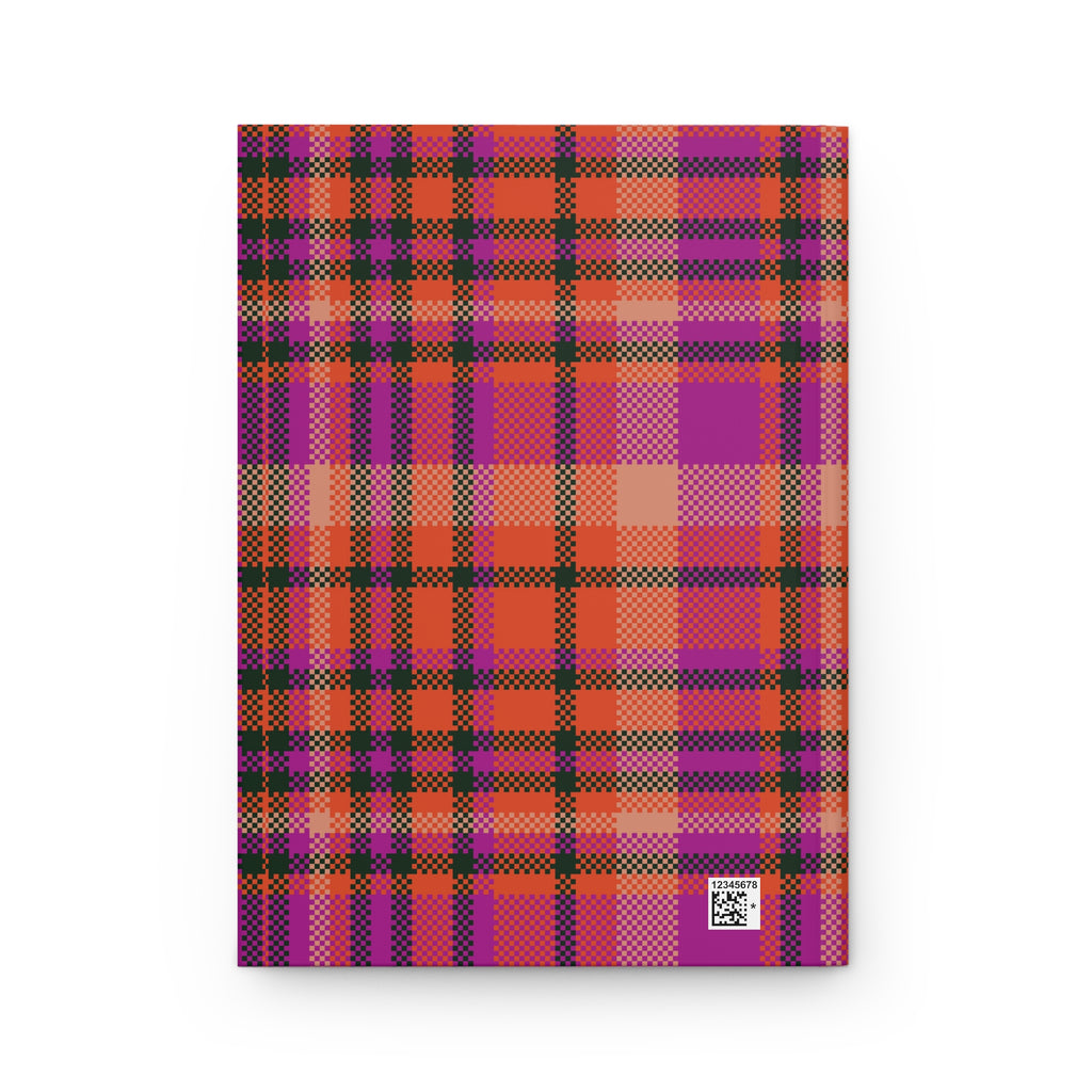 A notebook with a vibrant plaid cover pattern in shades of purple, orange, red, and black, featuring a small white square logo at the bottom right corner.