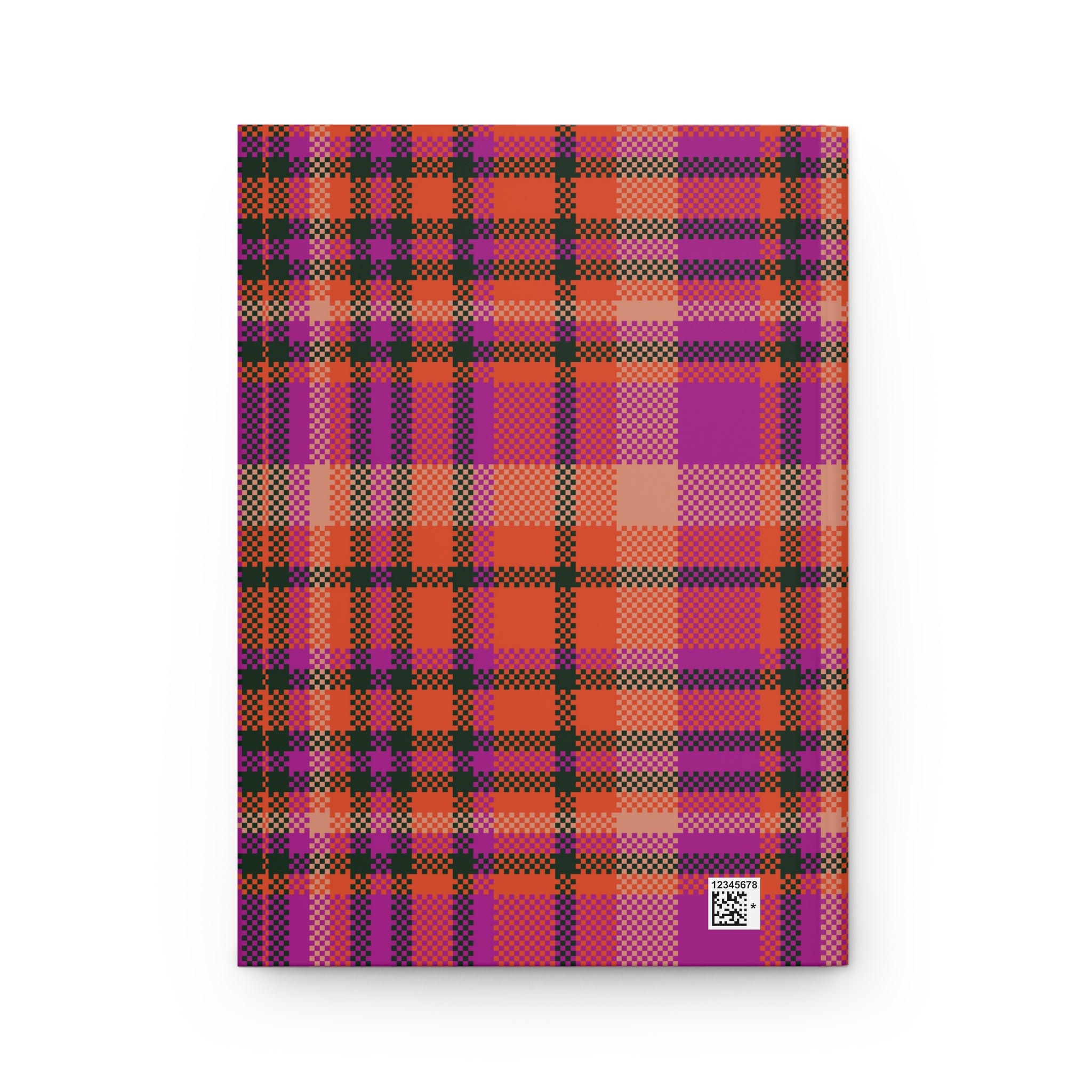 A notebook with a vibrant plaid cover pattern in shades of purple, orange, red, and black, featuring a small white square logo at the bottom right corner.