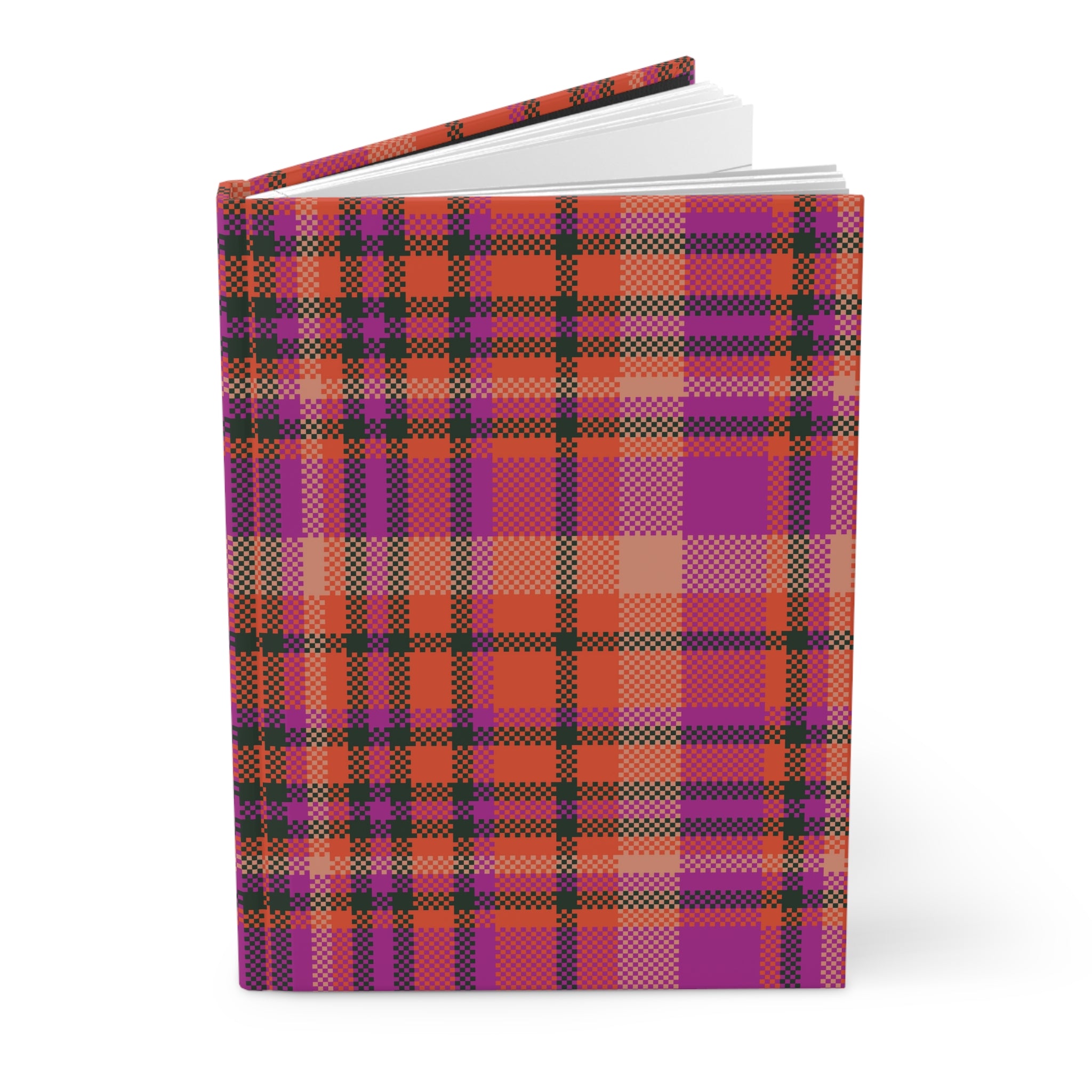 A hardcover notebook or journal standing upright, featuring a vibrant plaid pattern in purple, orange, red, and black on a clean white background.