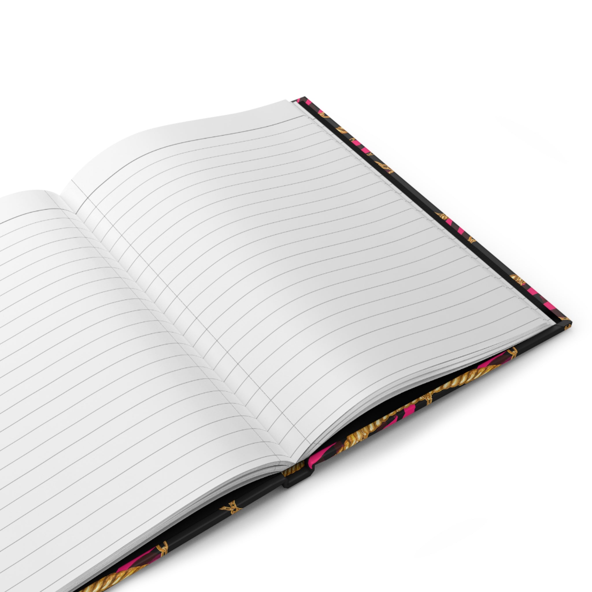 An open lined notebook with a glossy tortoiseshell-style cover in orange, brown, and black, photographed on a clean white background.