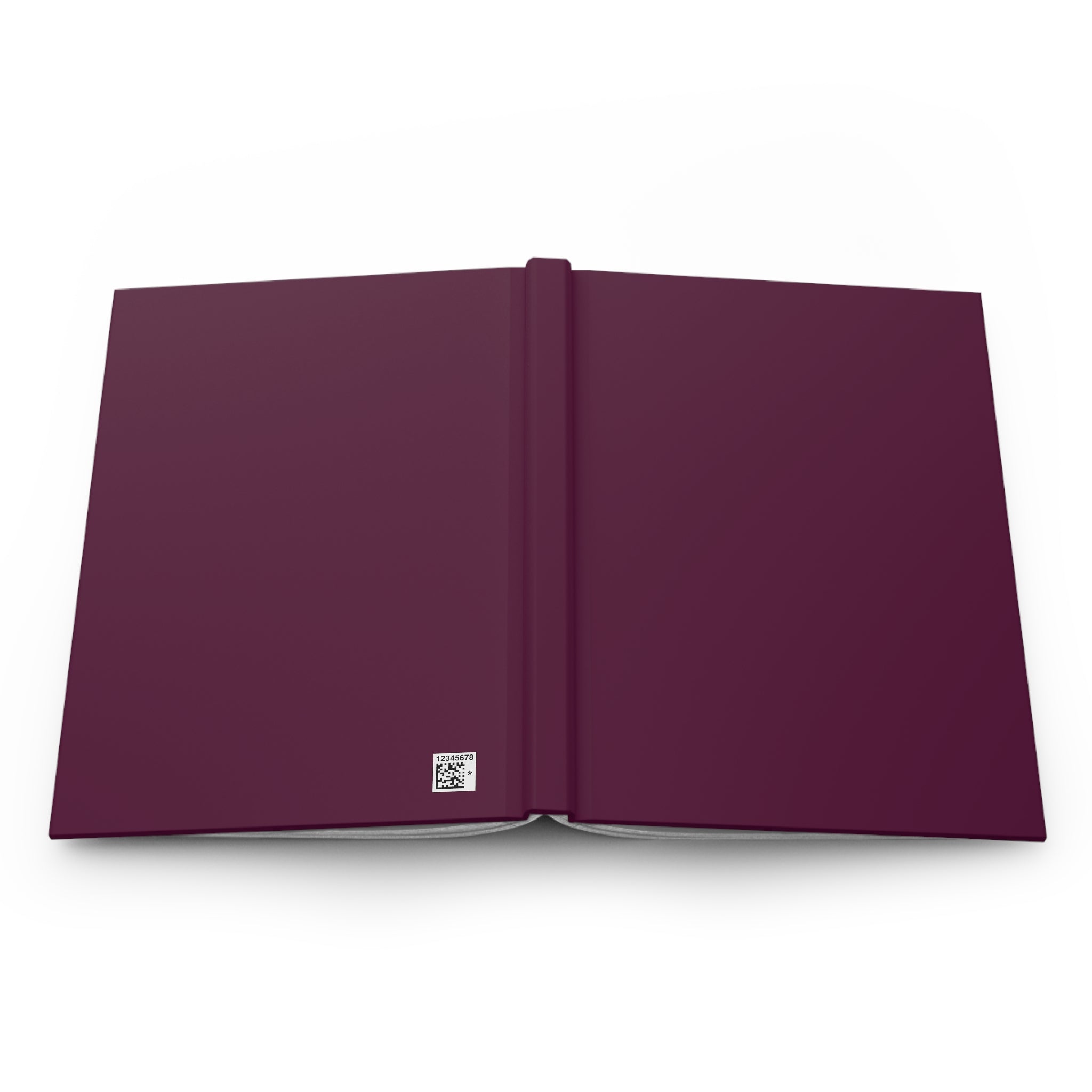 A hardcover notebook or journal shown open flat against a clean white background. The cover is a deep plum or burgundy purple with a small square logo near the lower left corner.