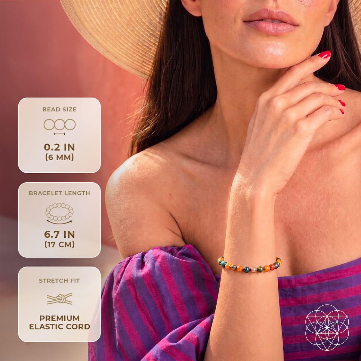 A woman wearing a beaded bracelet with a straw hat and a purple and pink striped top. Three informational boxes on the left detail the bead size (0.