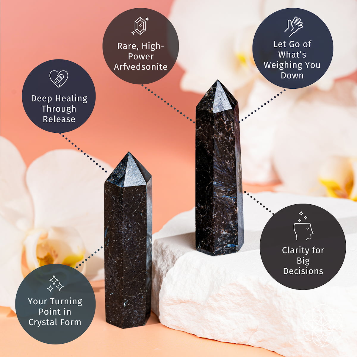 Two crystal points on a soft pink background with text about their properties.