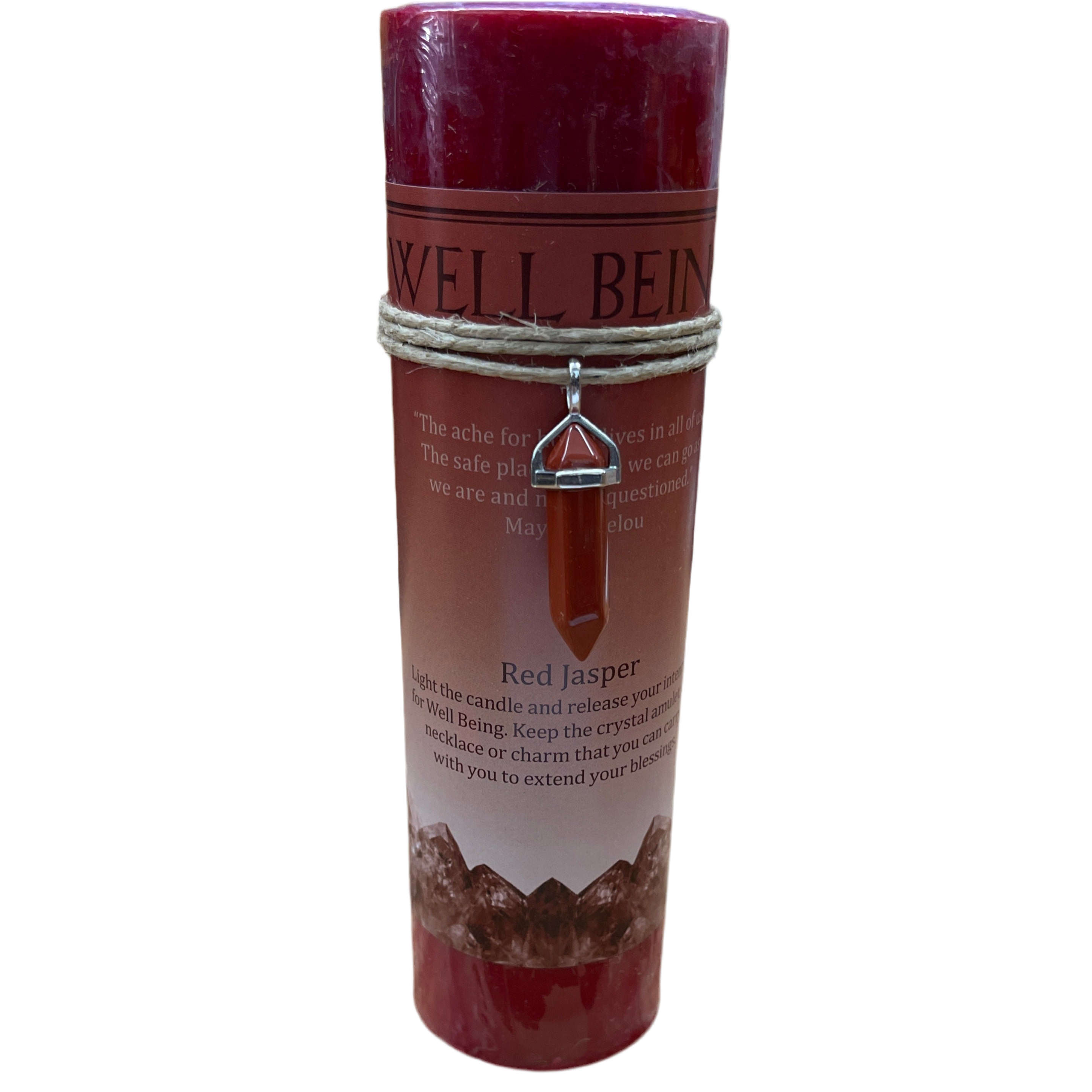 Red candle with 'Well Being' text and pendant on a white background