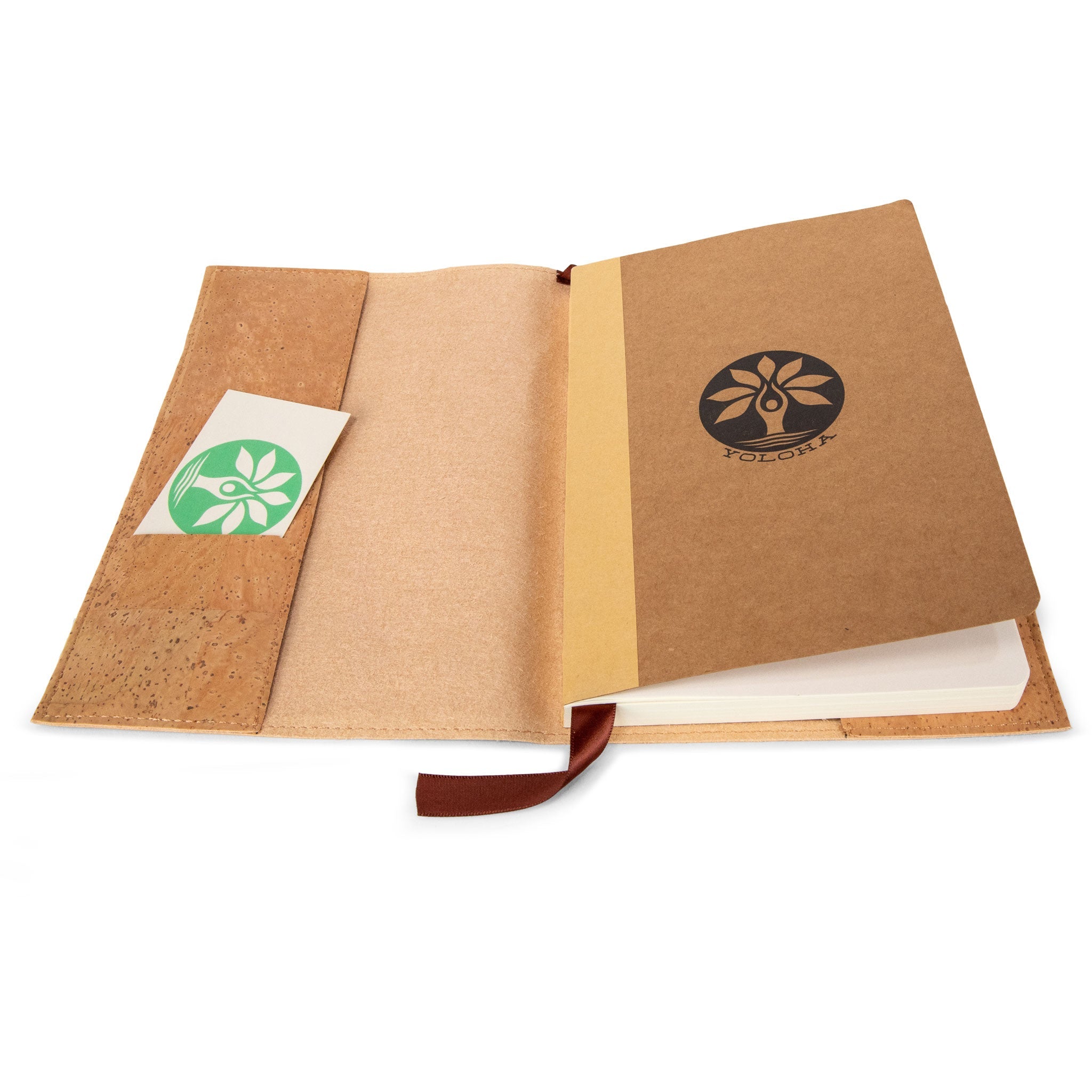 Open brown notebook with a logo on a white background