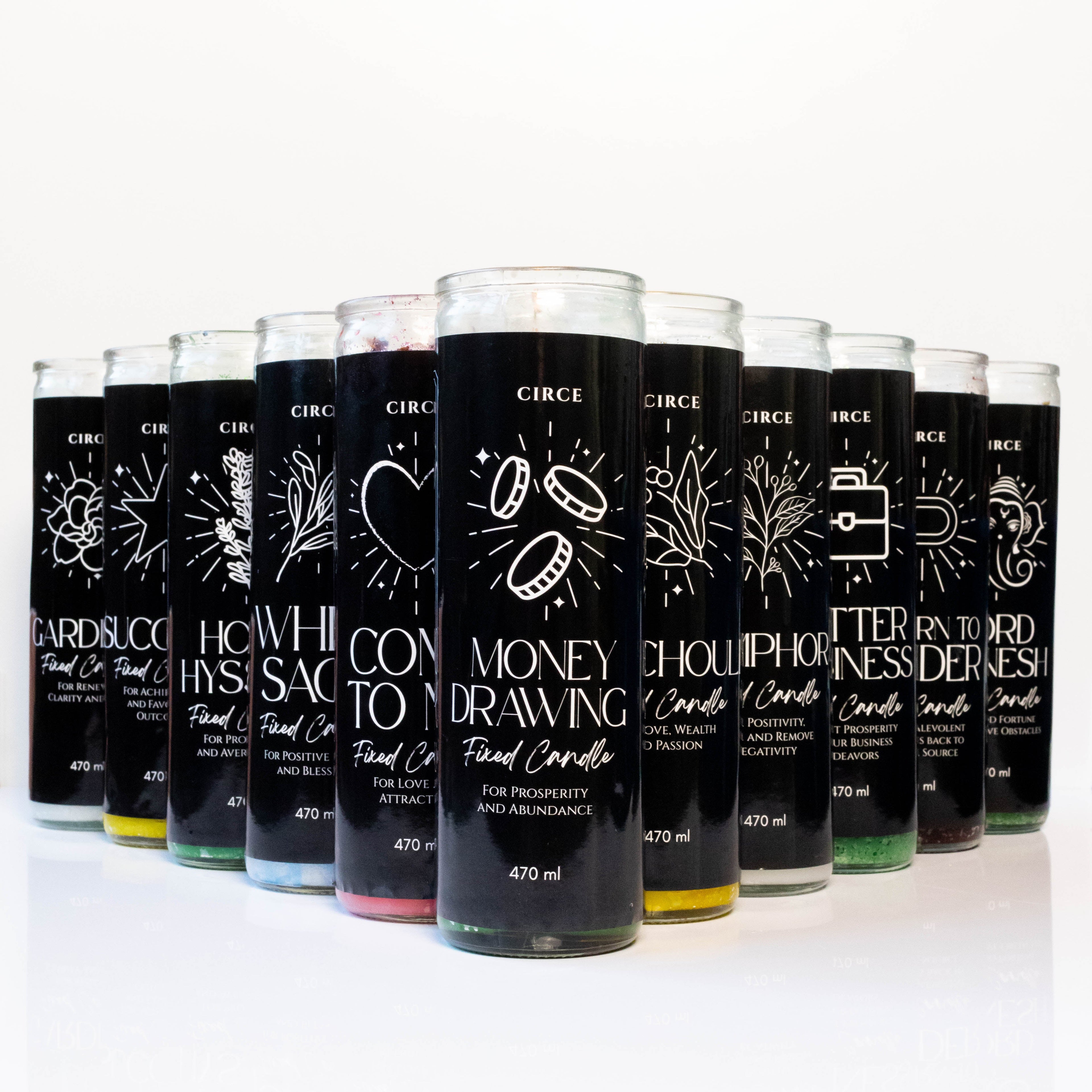 Row of black candles with white text and symbols on a white background