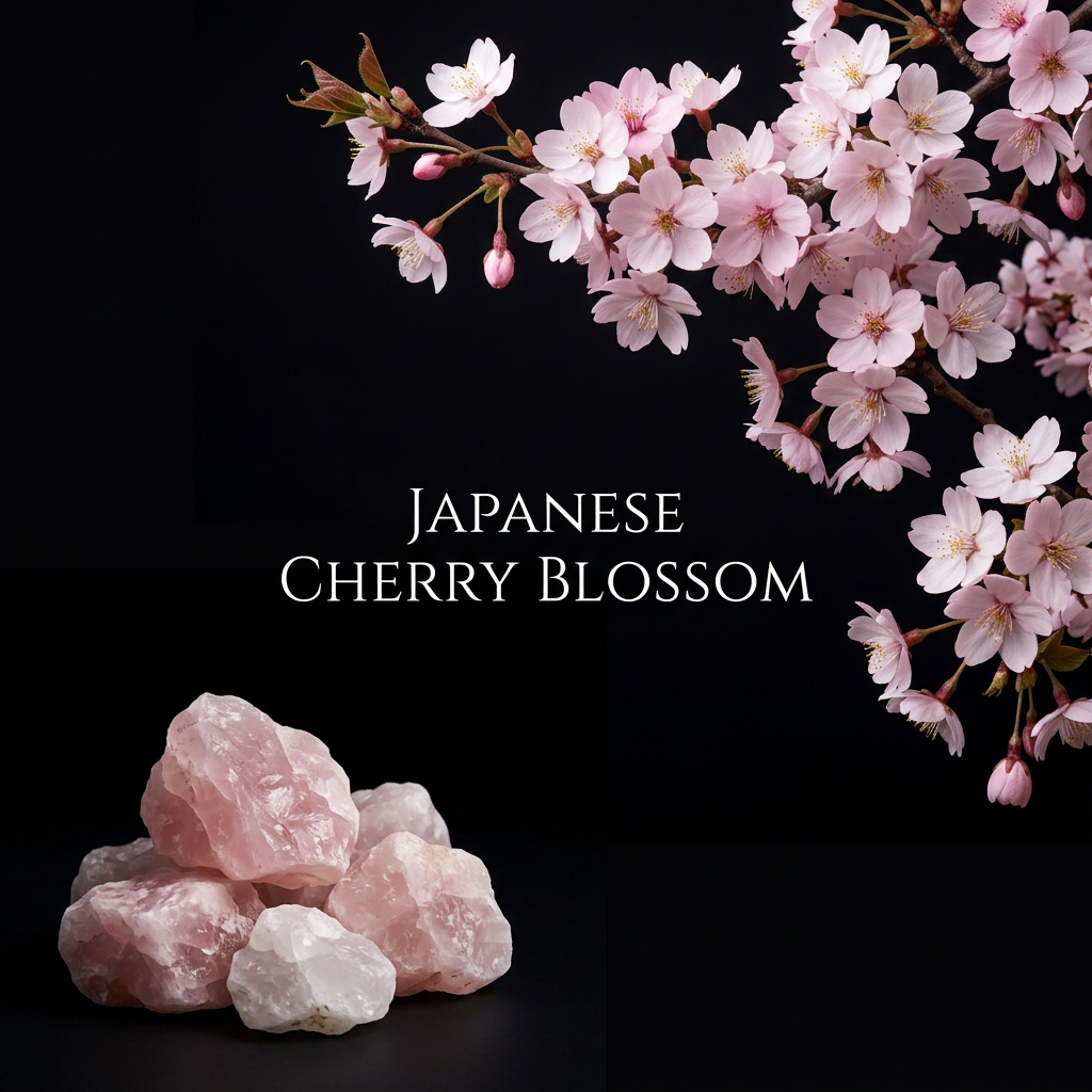 Pink stones and Japanese cherry blossoms on a black background with 'Japanese Cherry Blossom' text.