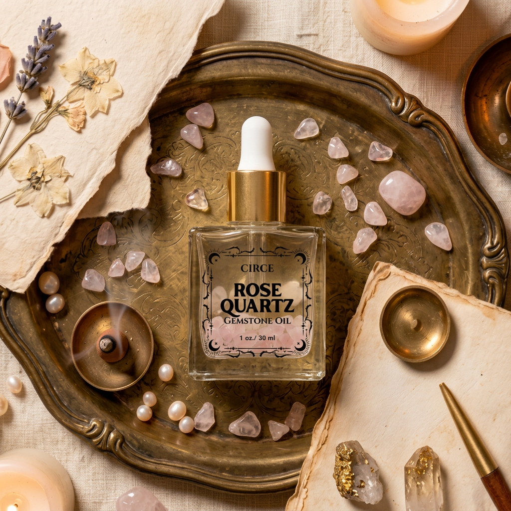 Rose Quartz gemstone oil bottle on a decorative tray with crystals and candles