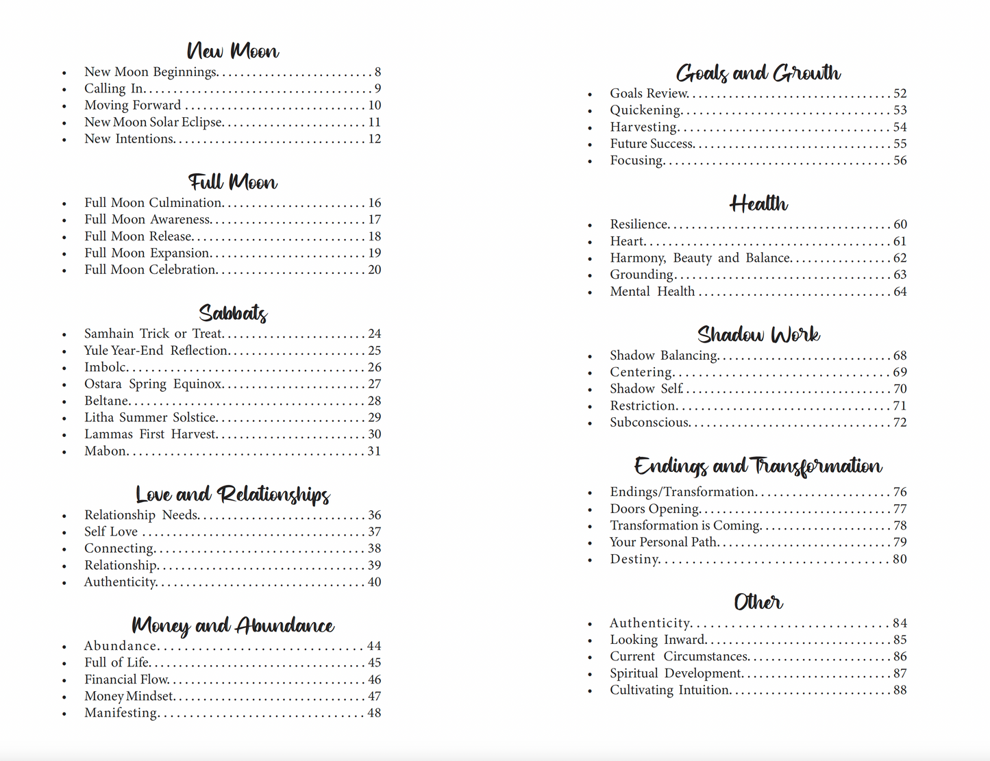 Table of contents for a book or document with black text on a white background