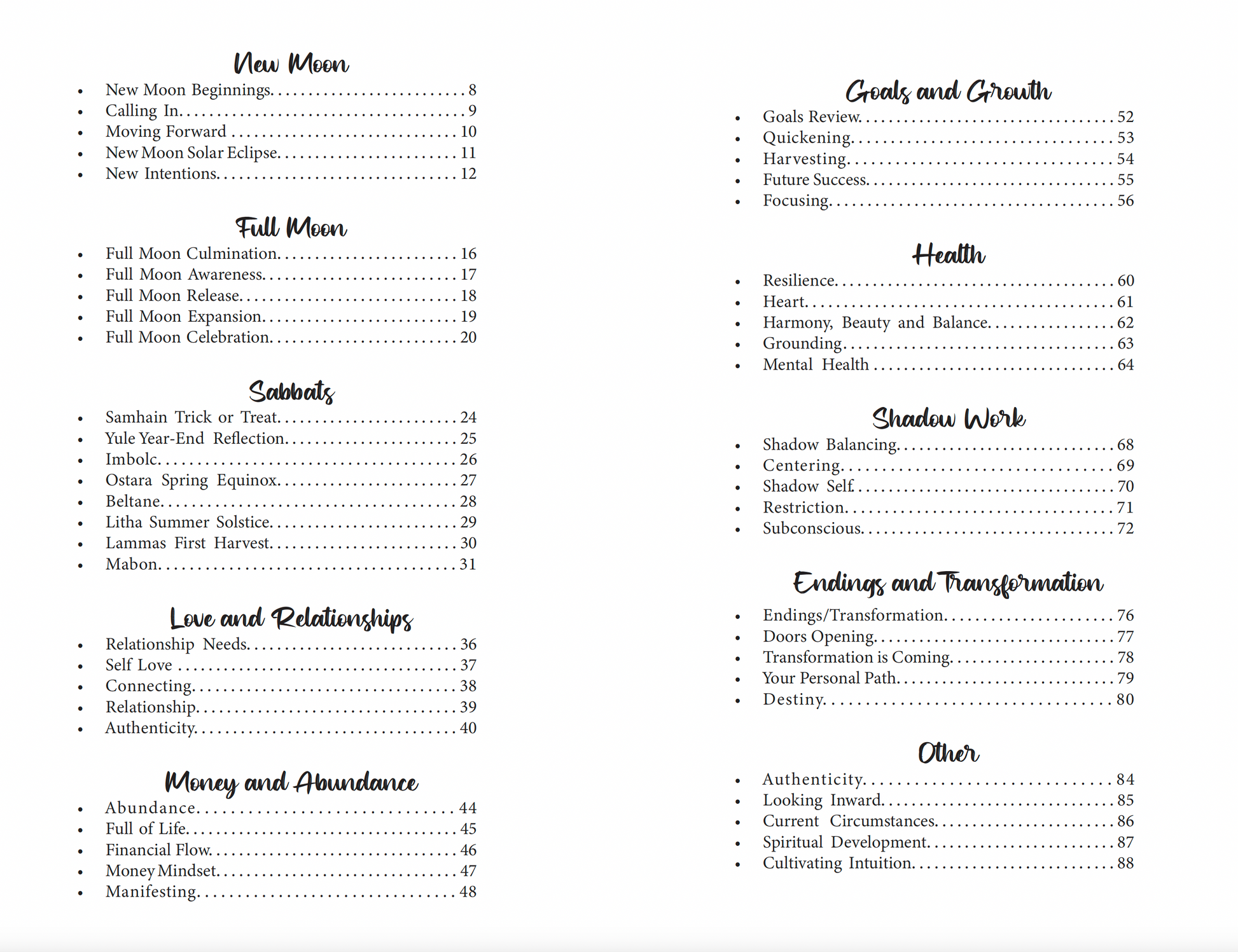 Table of contents for a book or document with black text on a white background