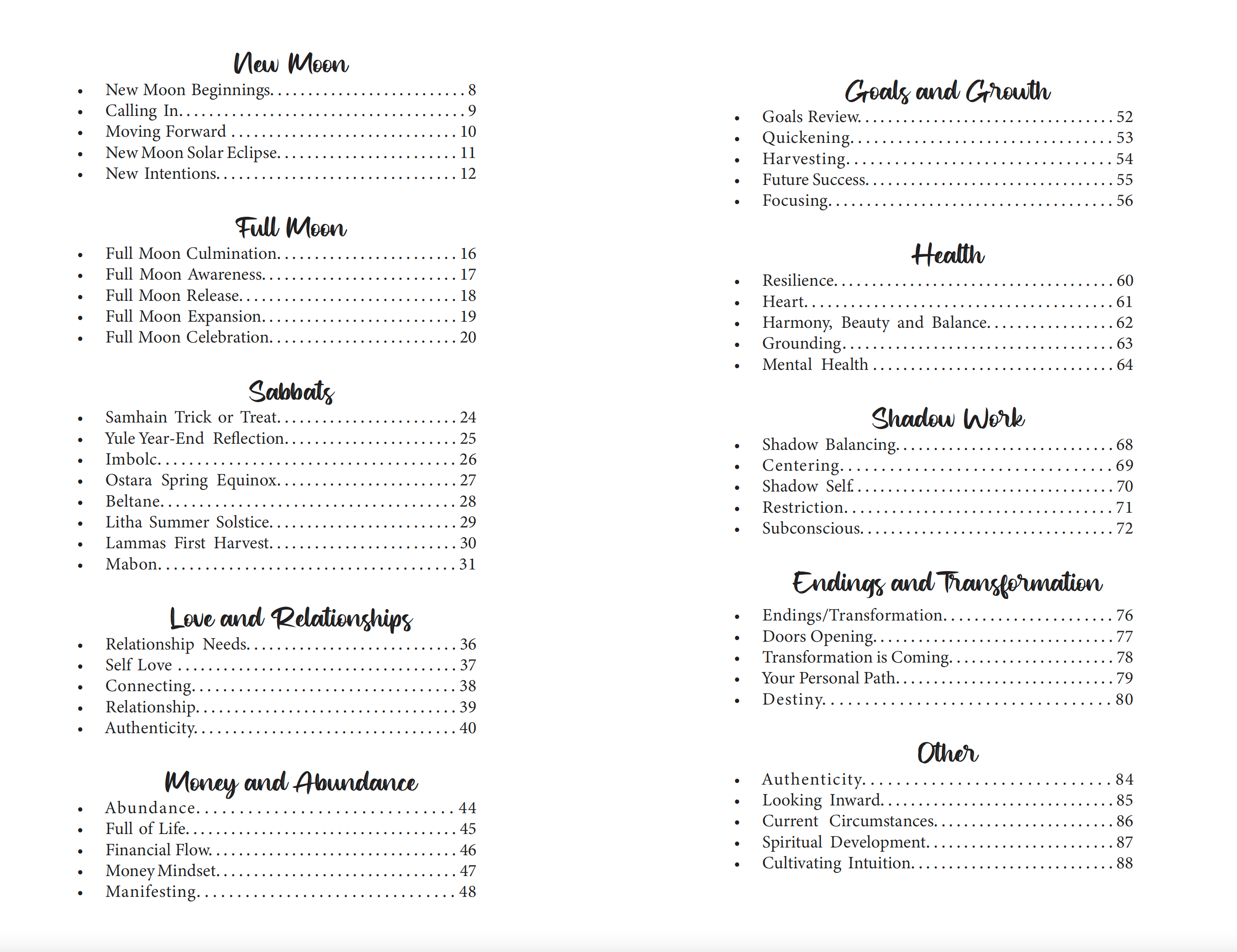 Table of contents for a book or document with black text on a white background