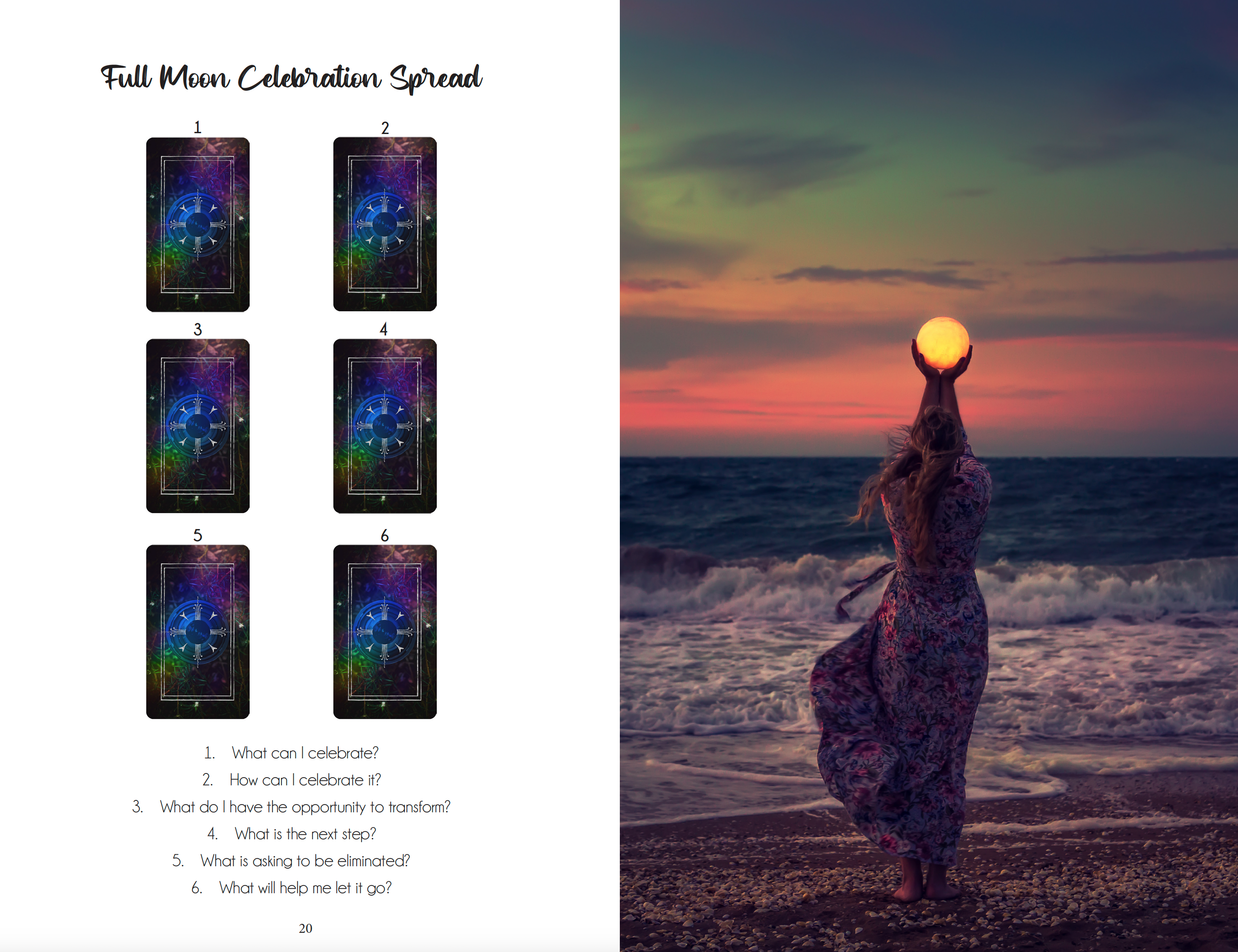 Woman balancing a ball on her head at sunset with tarot cards on the left.