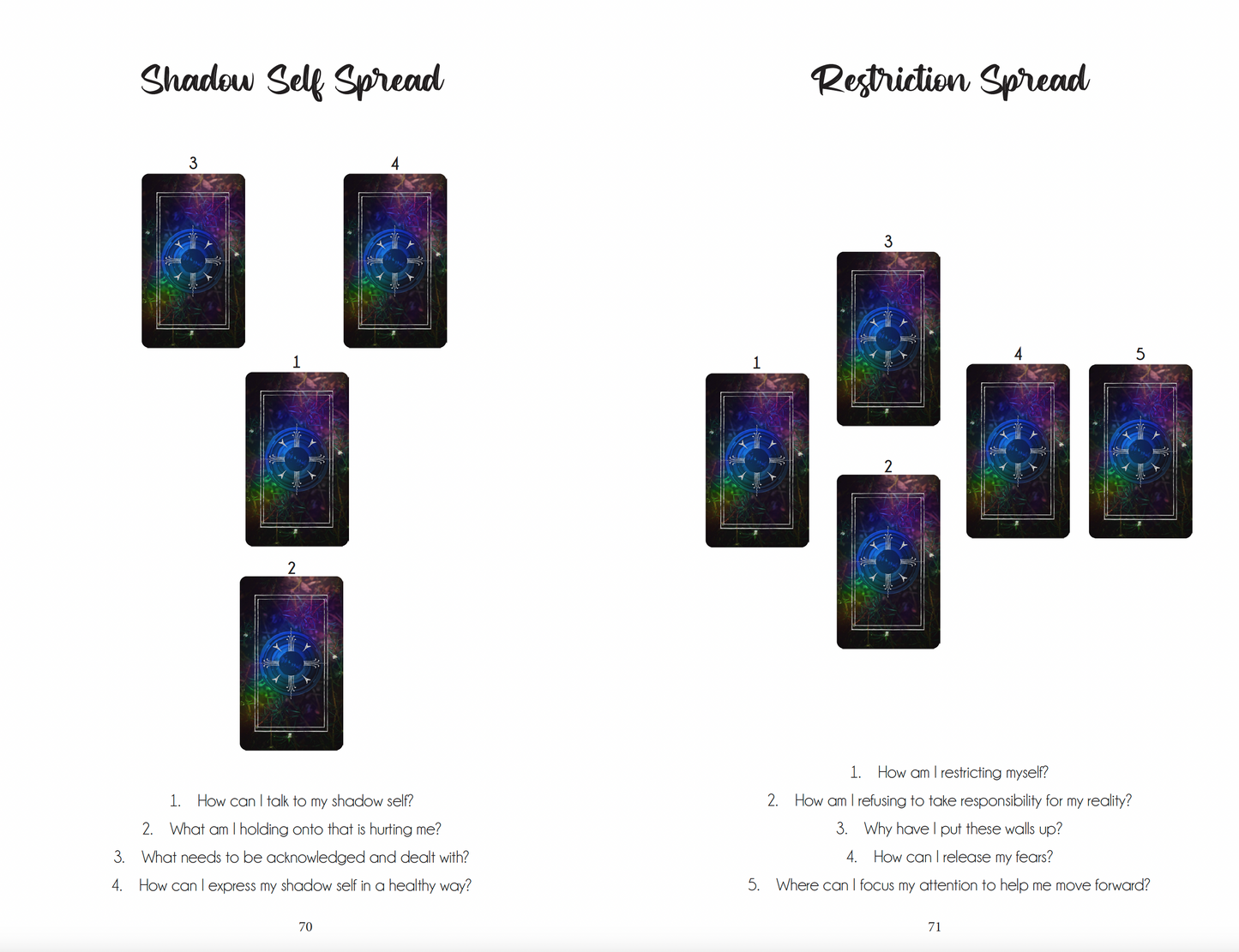 Two spreads from a tarot card deck titled 'Shadow Self Spread' and 'Restriction Spread' on a white background.