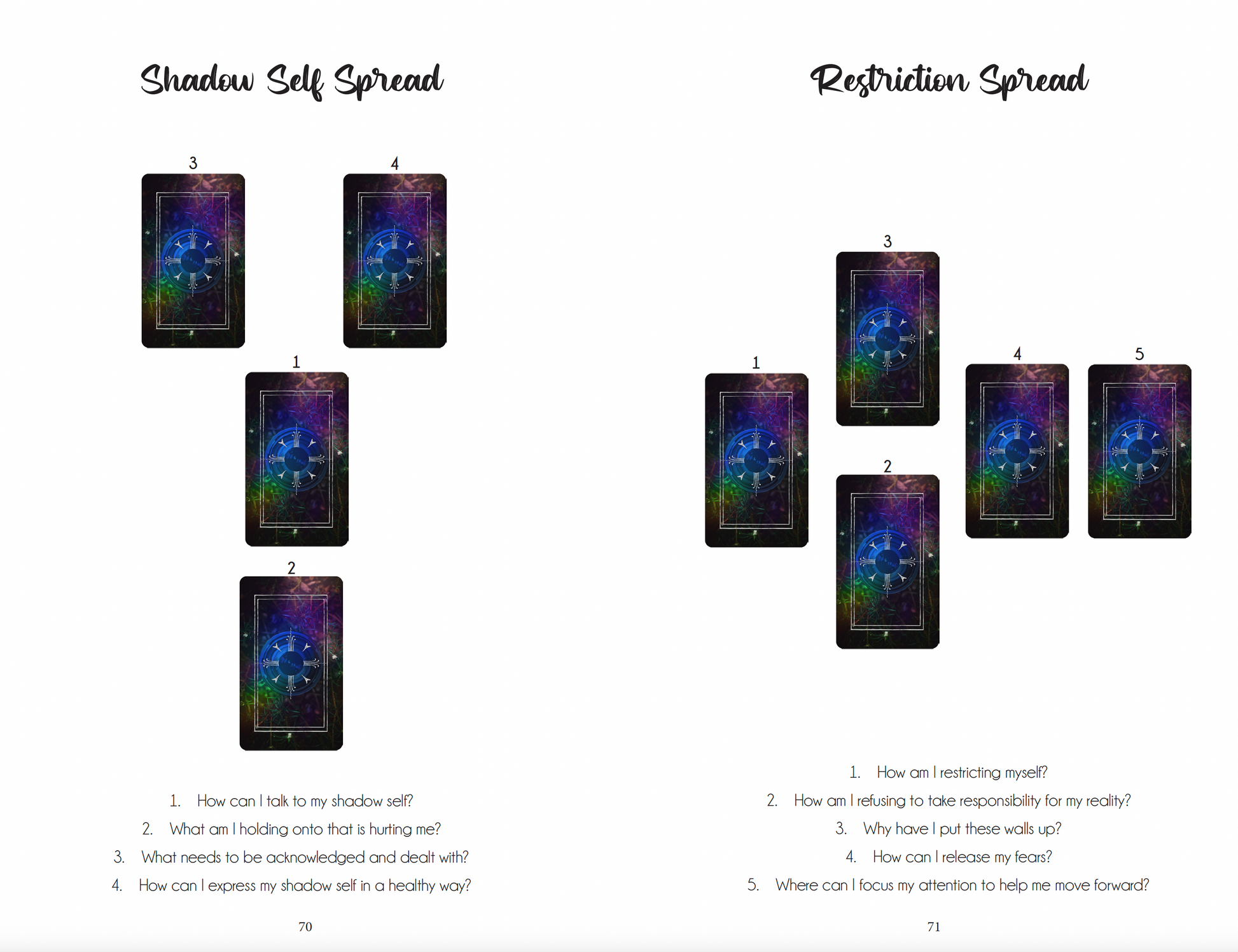 Two spreads from a tarot card deck titled 'Shadow Self Spread' and 'Restriction Spread' on a white background.