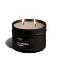 Black candle in a tin labeled 'Vineyard Estate' with a white lid on a transparent background