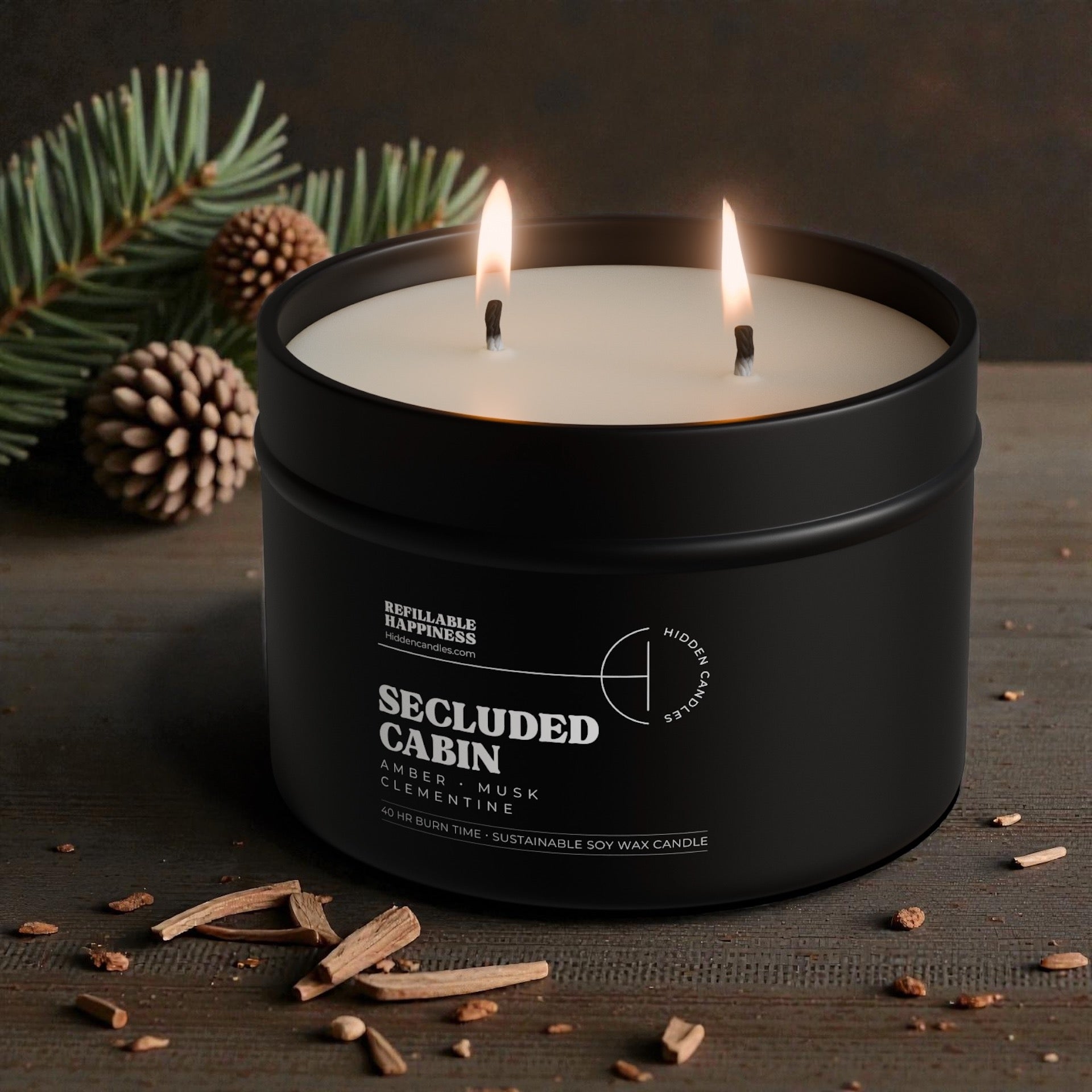 Black candle jar with two lit candles on a dark surface with pine branches and pinecones.