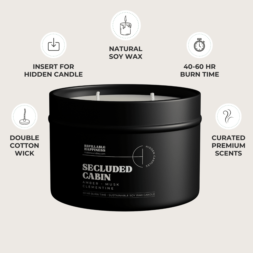 A black candle tin labeled 'SECLUED CABIN' with surrounding feature callouts for hidden candle insert, natural soy wax, 40-60 hour burn time, double cotton wick, and curated premium scents on a light beige background.