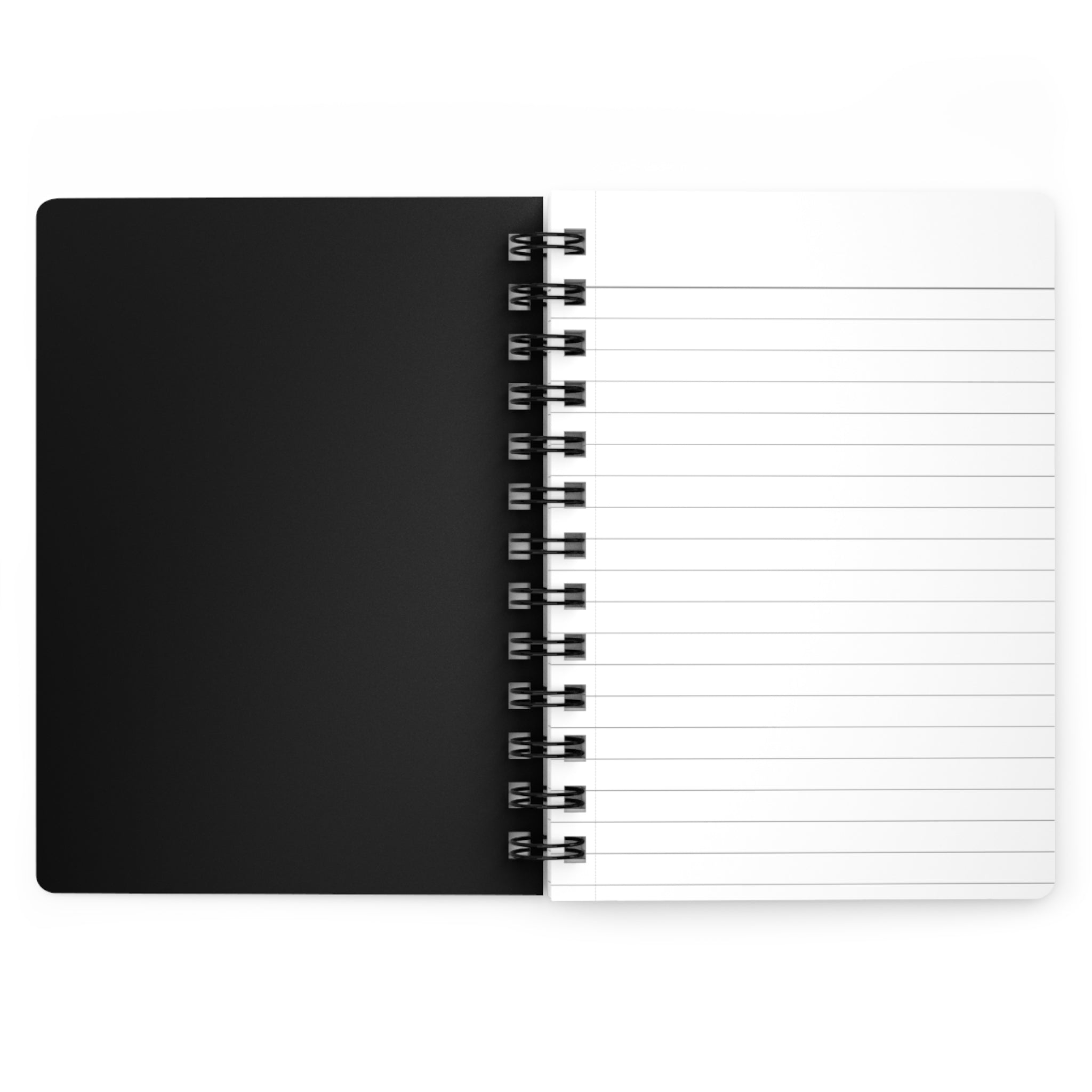 Black spiral-bound notebook with white lined pages on a white background
