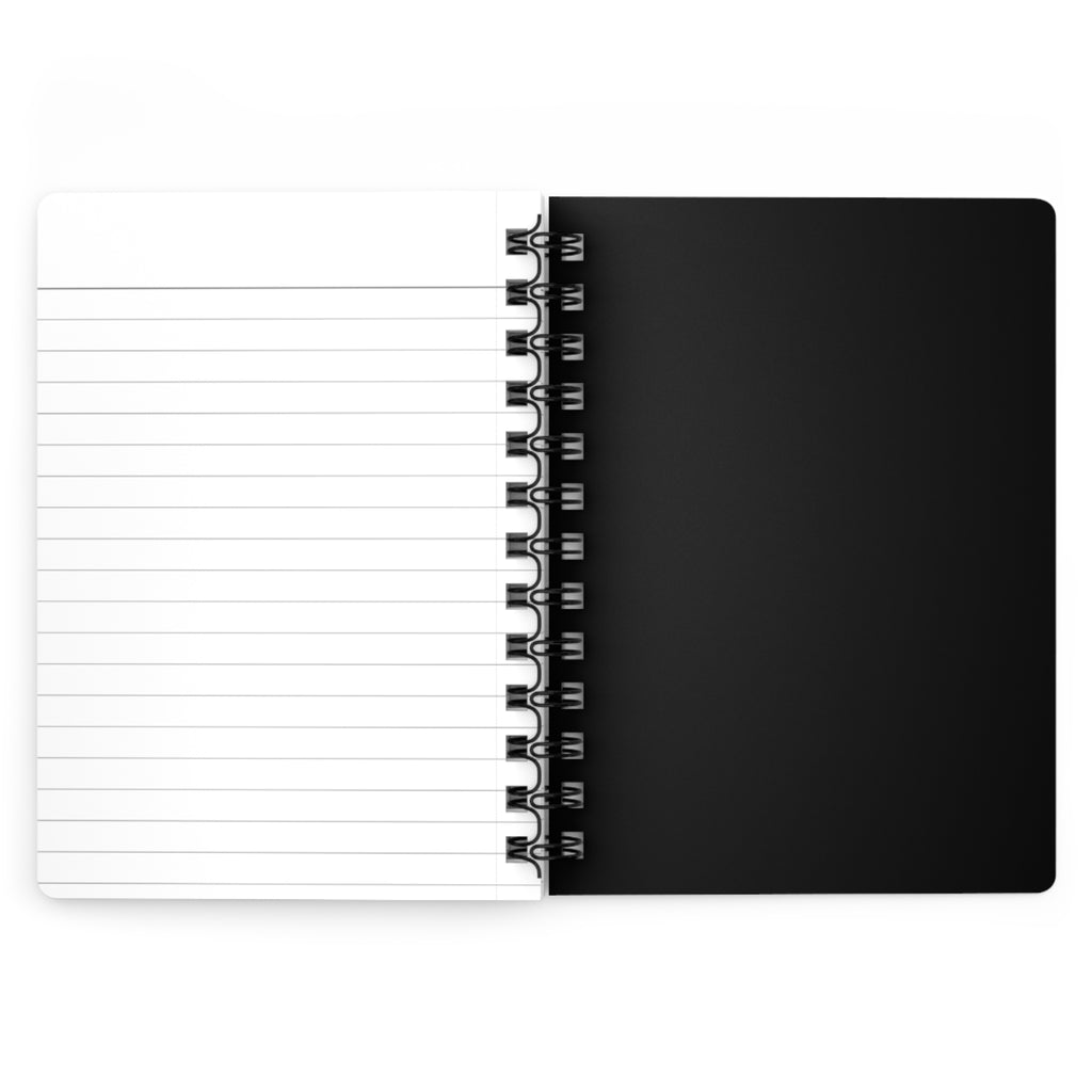 Black spiral-bound notebook with lined pages on a white background