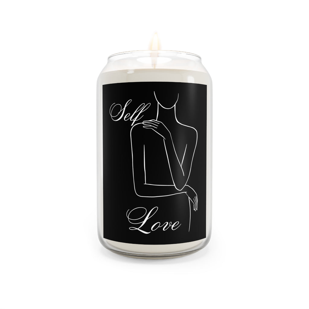 Candle with 'Self Love' design on a black background