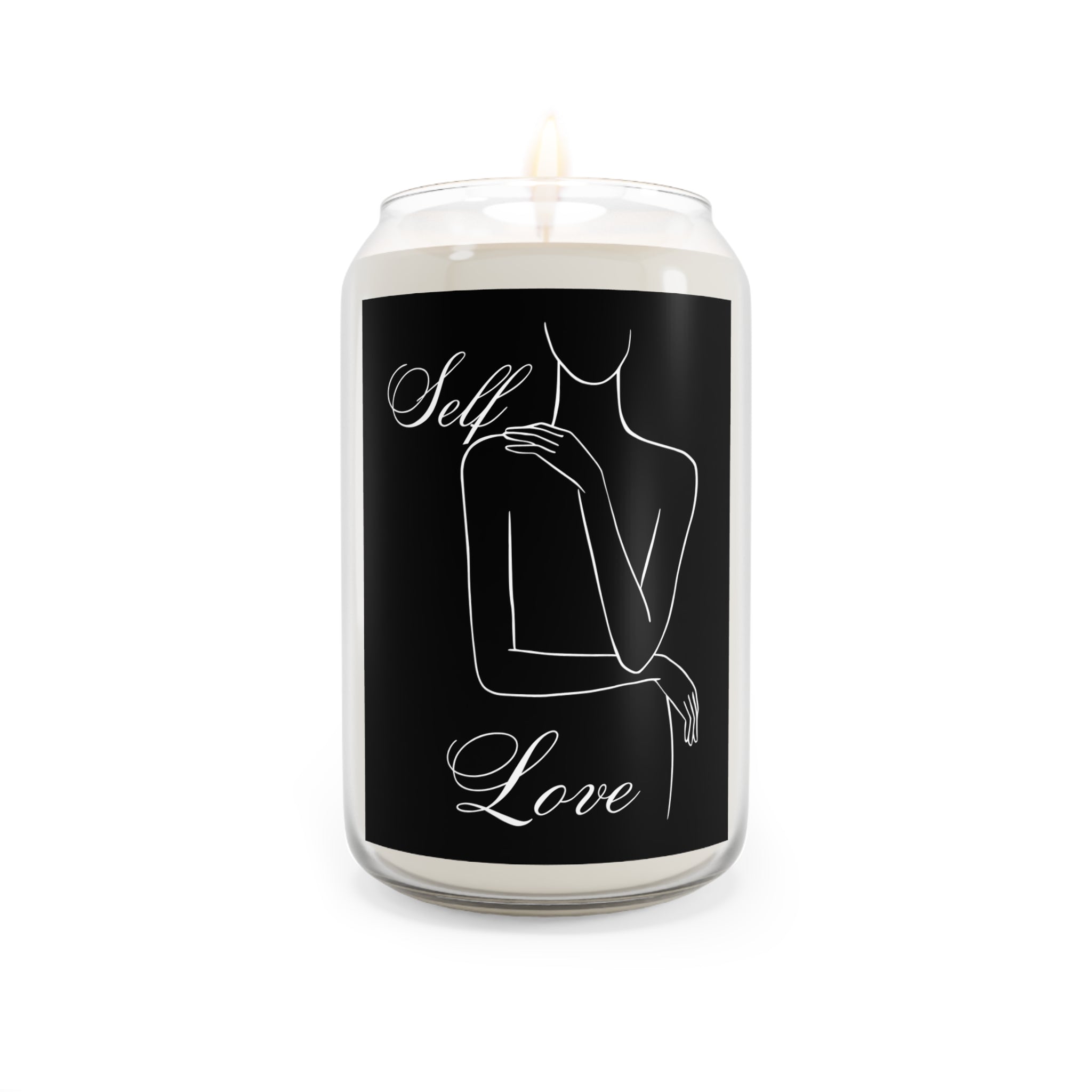 Candle with 'Self Love' design on a black background