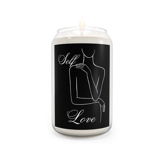 Candle with 'Self Love' design on a black background