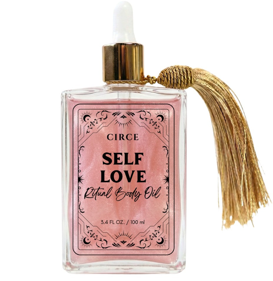 Circe Self Love ritual body oil bottle with gold tassel on a white background