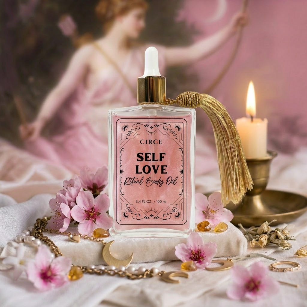 Circe Self Love oil bottle with decorative elements on a mystical background