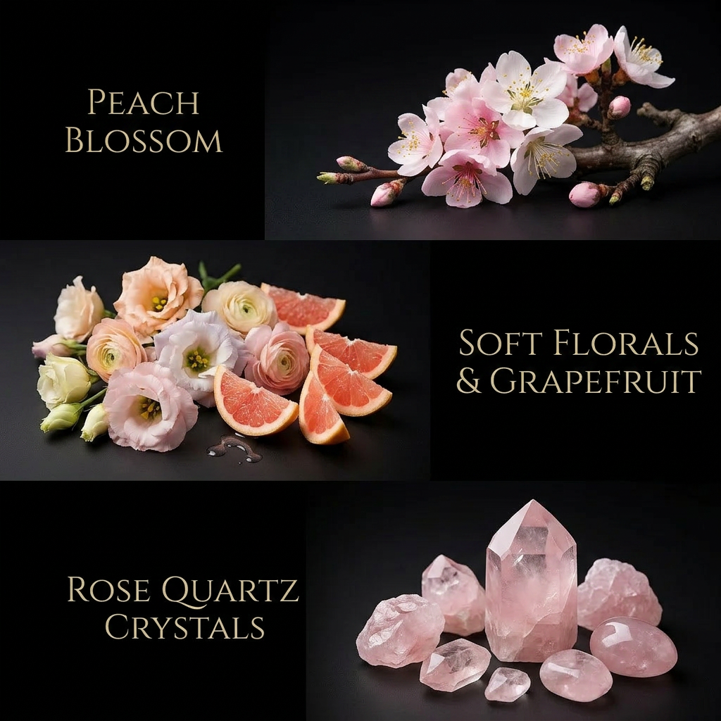 Collage of peach blossoms, soft florals and grapefruit, and rose quartz crystals on a black background.