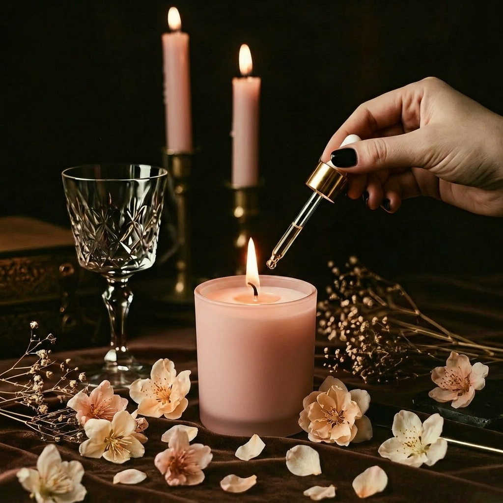 Hand pouring a dropper of liquid into a lit pink candle with flowers and a glass in the background.