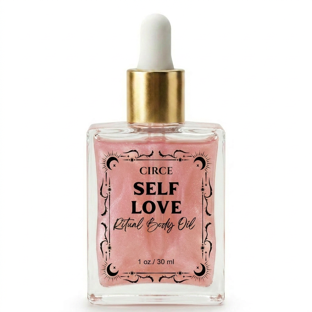 Circe Self Love Ritual Body Oil bottle with dropper on a white background