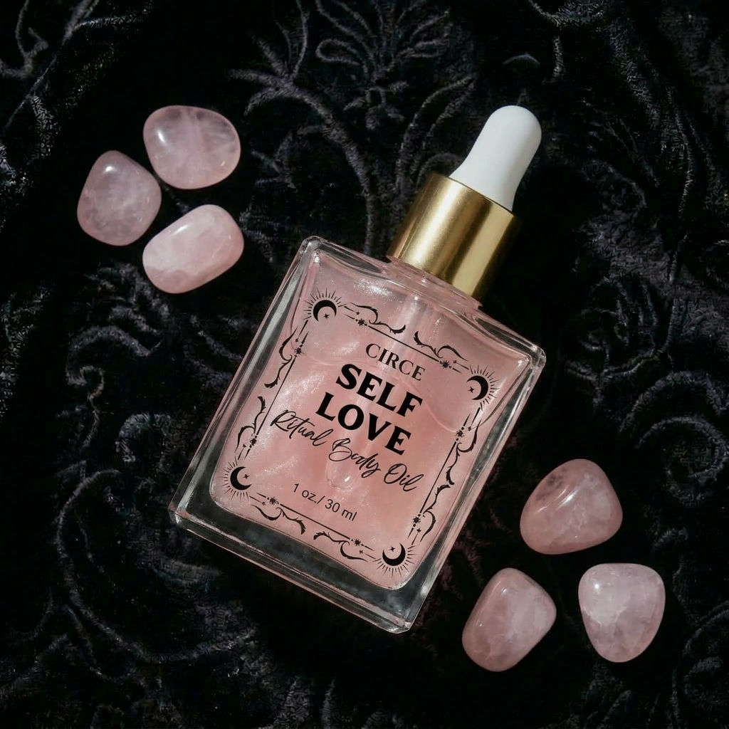 Bottle of Circe Self Love Ritual Body Oil surrounded by rose quartz crystals on a dark textured background