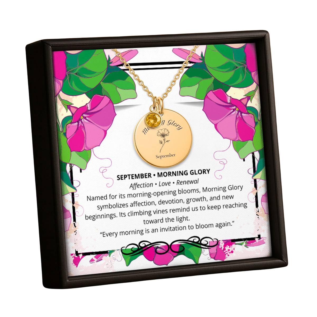 September Morning Glory Birth Flower Coin Necklace with Birthstone by OwnPrint