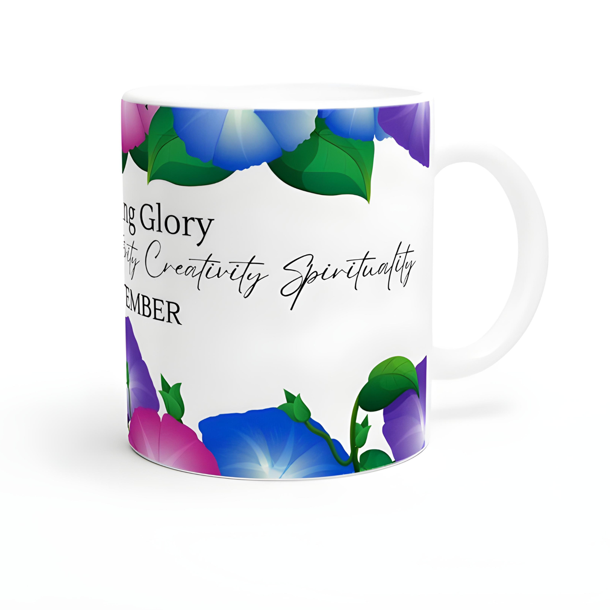 September Morning Glory birth flower mug with elegant floral design, perfect September birthday gift and botanical coffee cup for flower lovers.
