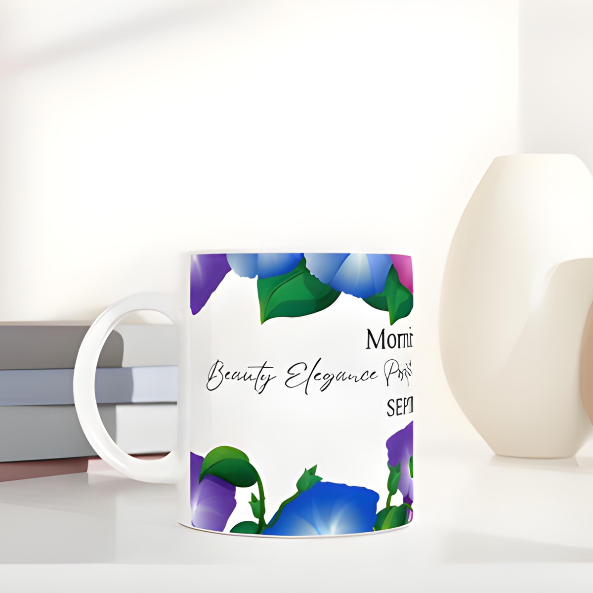 September Morning Glory birth flower mug with elegant floral design, perfect September birthday gift and botanical coffee cup for flower lovers.