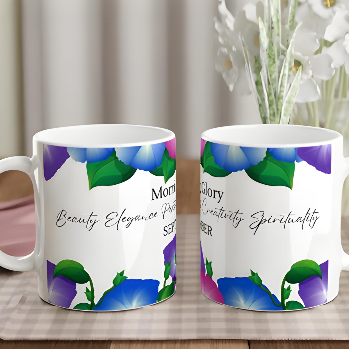 September Morning Glory birth flower mug with elegant floral design, perfect September birthday gift and botanical coffee cup for flower lovers.