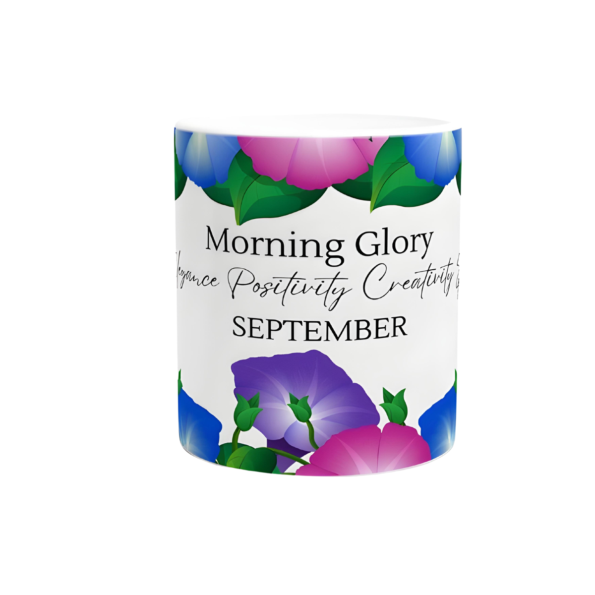 September Morning Glory birth flower mug with elegant floral design, perfect September birthday gift and botanical coffee cup for flower lovers.