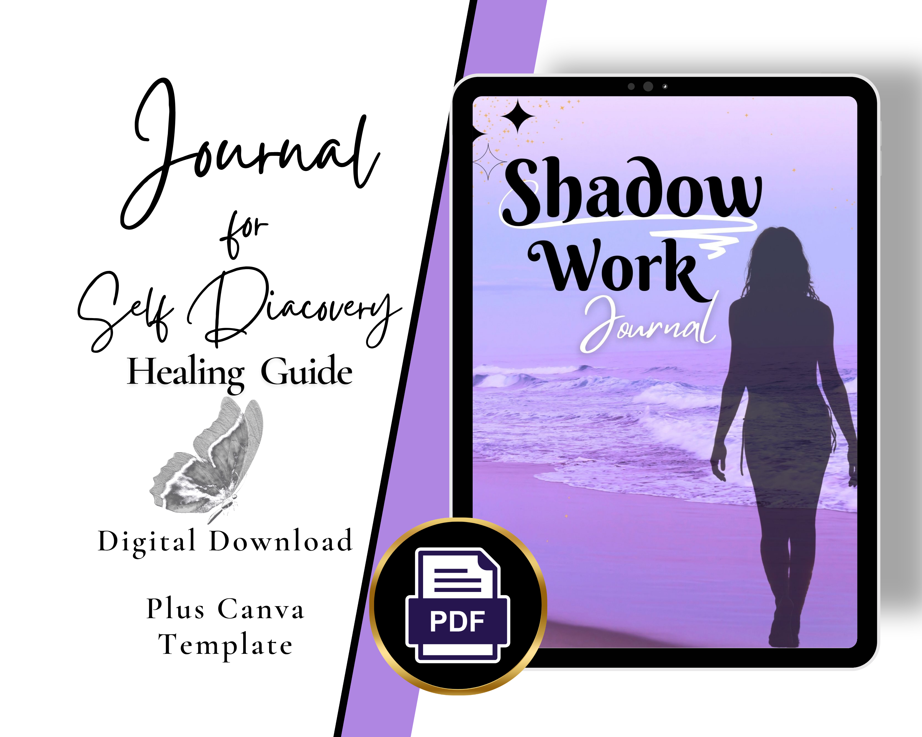 Digital download of 'Shadow Work Journal' with a silhouette of a woman on a purple background.